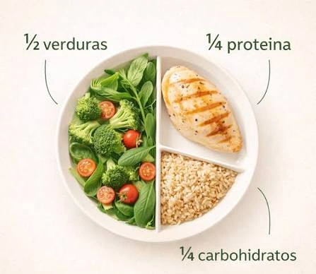 Plato dividido en verduras, proteína y carbohidratos como guía visual de porciones