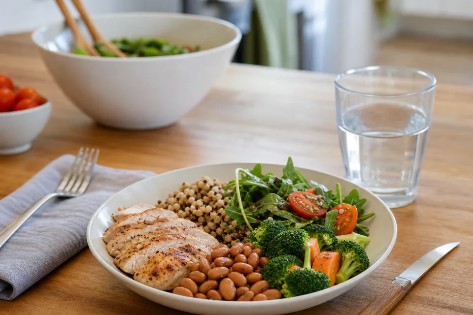 Plato equilibrado con vegetales, legumbres, proteína y agua