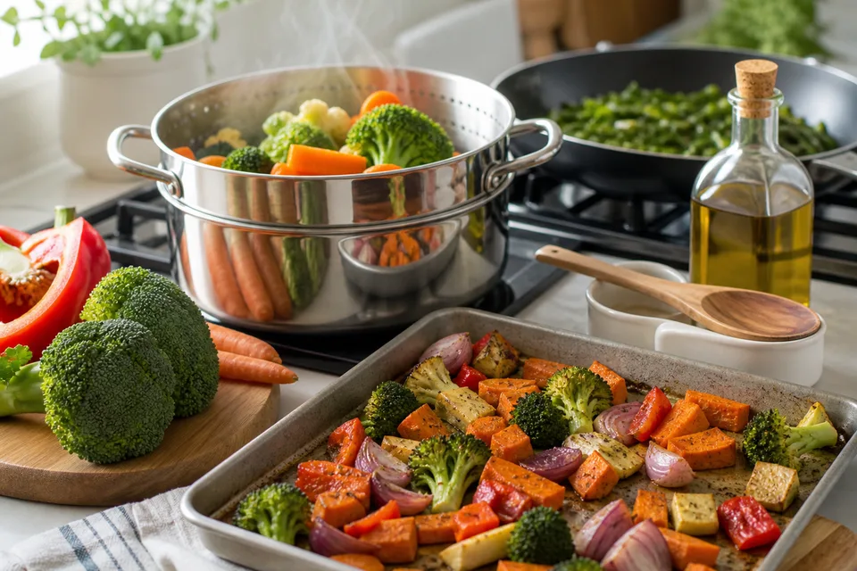 Verduras al horno, vapor y sartén en una cocina casera