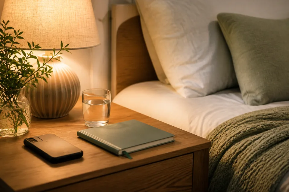 Mesa de luz con lámpara cálida, agua y cuaderno junto a la cama
