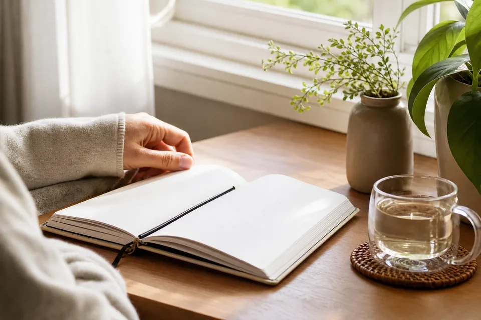 Cuaderno abierto y taza junto a una ventana en un momento de pausa