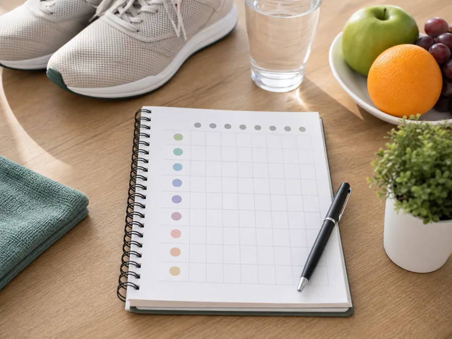 Cuaderno de hábitos con zapatillas, agua y frutas sobre una mesa