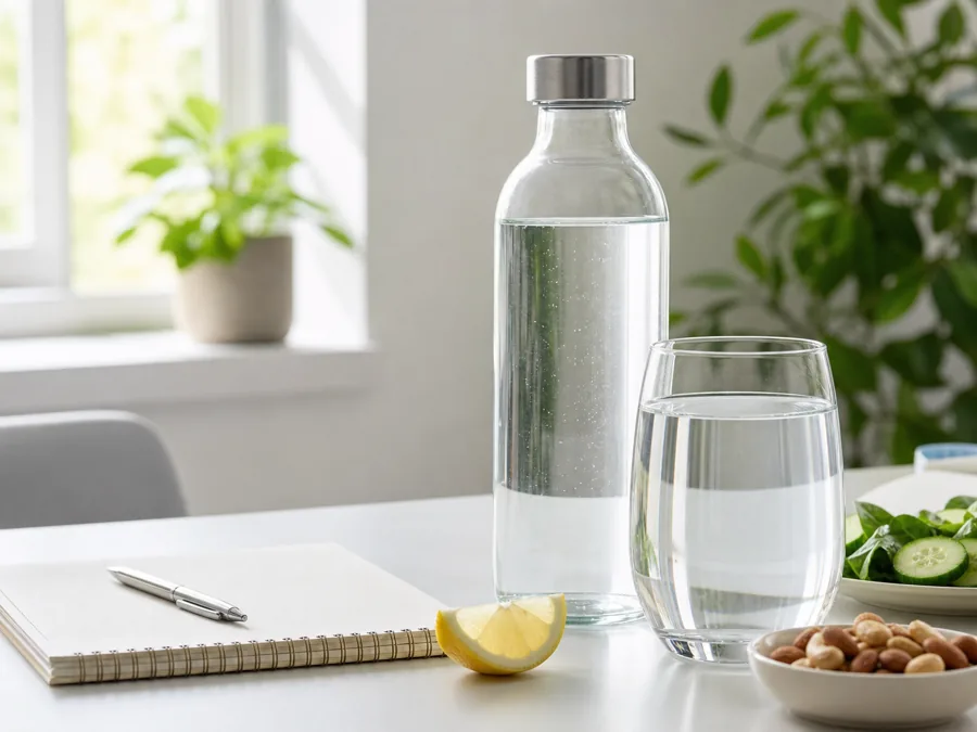 Botella y vaso de agua sobre un escritorio luminoso