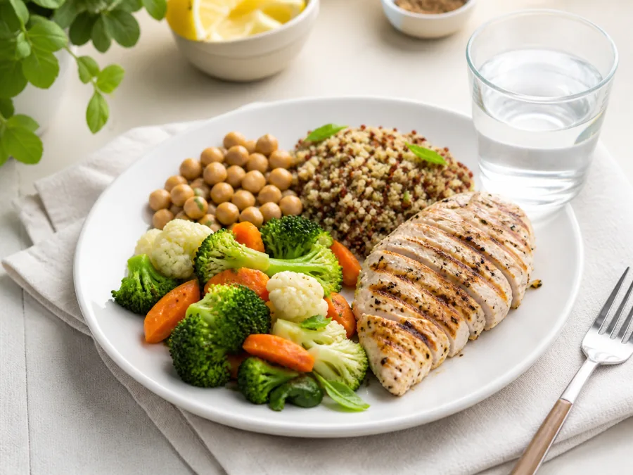 Plato equilibrado con vegetales, proteína, legumbres, cereal y agua